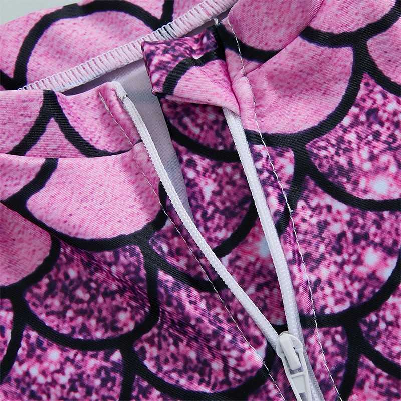 Mermaid print swimsuit zipper closure pleated plain neck suitable for young children and girls - UV protection Rush protection bath X250224