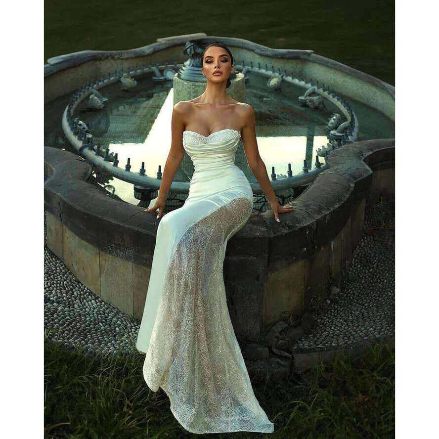 Gorgeous Wedding Dresses Mermaid Strapless Sequins Lace Pleat Detachable Train Princess Bride Dress Vestido De Novia Custom Made
