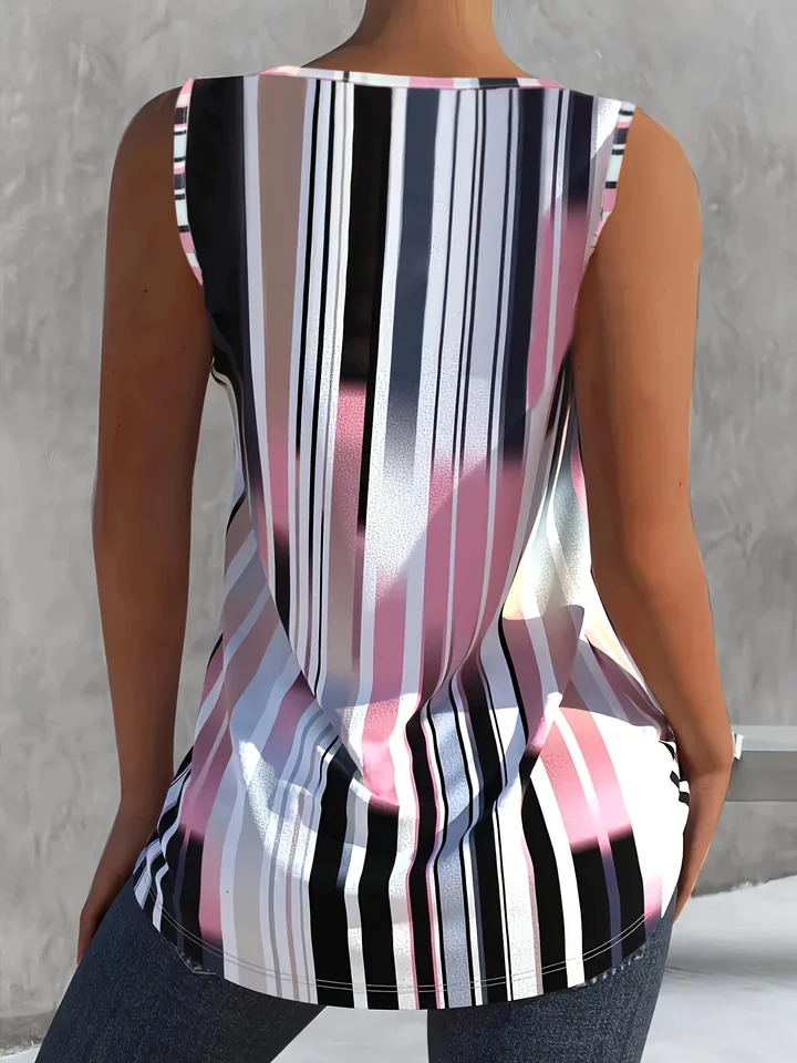 Summer womens striped print tank top V-neck loose plus size tank top 250224