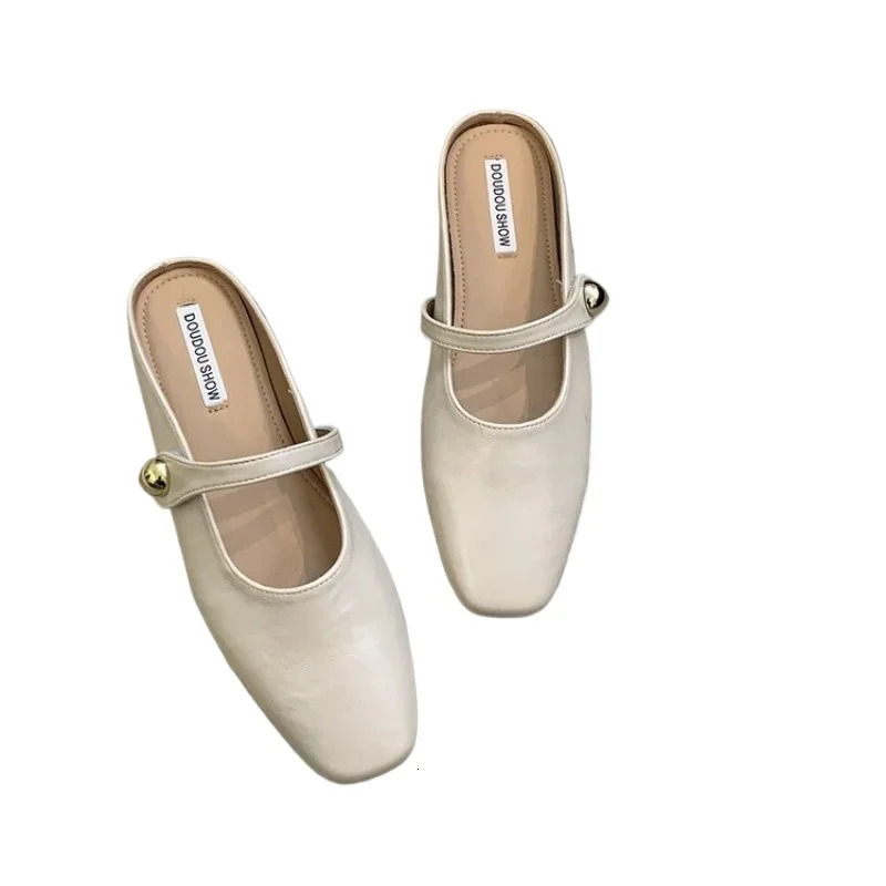 Soft Leather 2024 Ins Silver Buckle Strap Casual Shoes Fashion Flats Elegant Glitter Metallic Mules Shoes Cover Toe Slippers250225