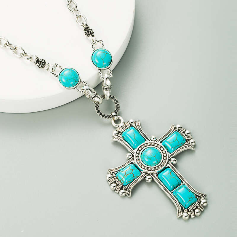 Exaggerated personality cross shaped necklace for women with multiple layers olloy inlaid turquoise sweater chain pendant jewelry