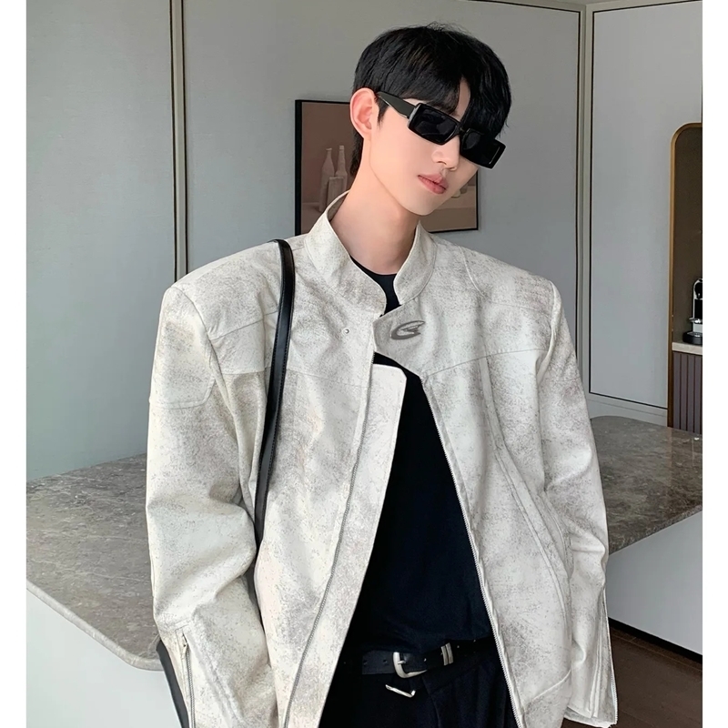 NicheHigh-End FeelStand Collar Motorcycle Leather Jacket 2024 Loose-Fit Cropped Shoulder Clip Jacket For Men 250122