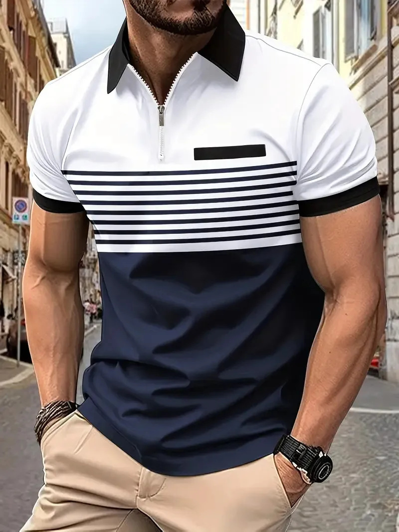 Summer Striped 3D Printed Mens Polo T Shirt Fashion Lapel Button Zipper Top Hipster Trend Streetwear Short Sleeve Tops 250318
