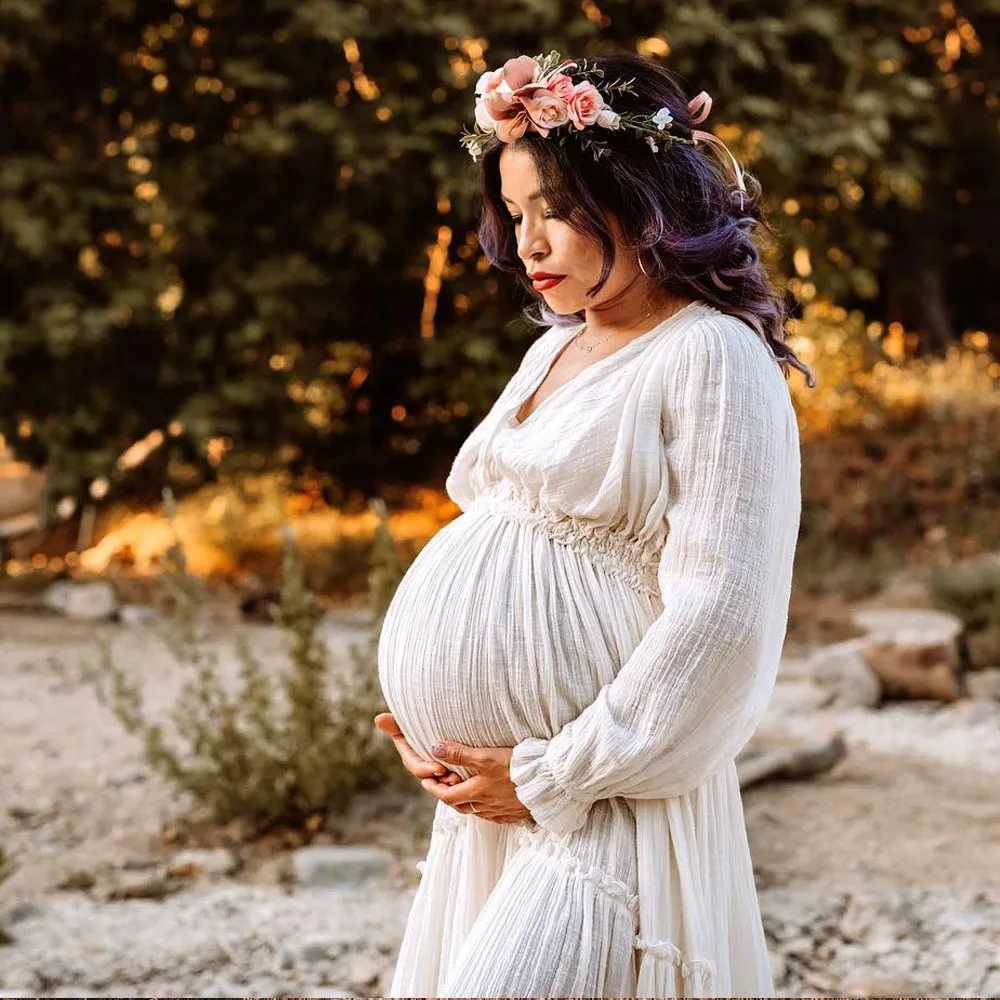 Womens comfortable linen cotton long sleeved V-neck maternity dress photo shoot dress X250224