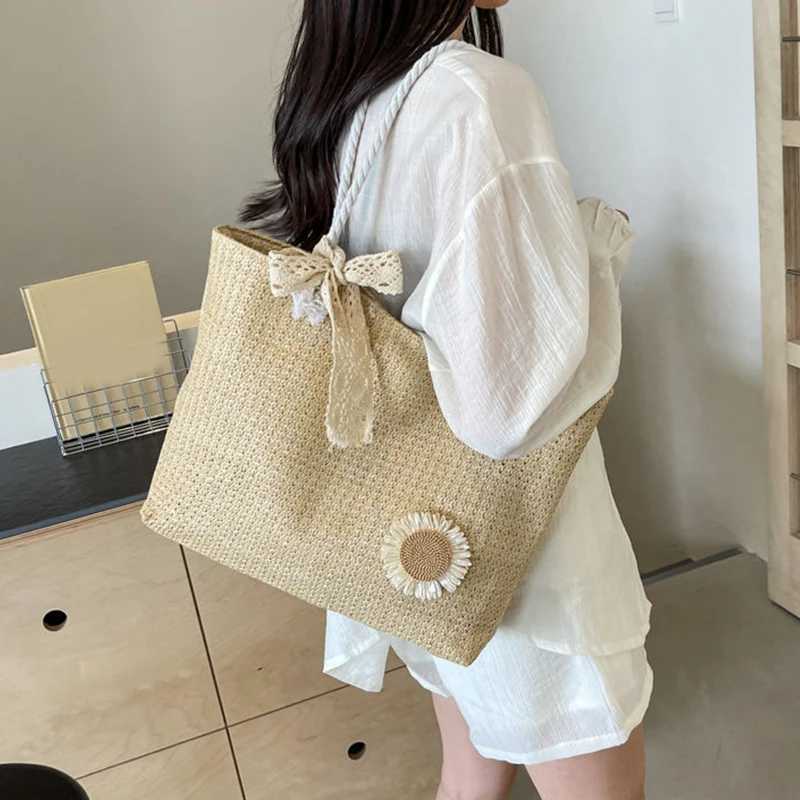 Weave Lace Ribbon Tote Bag Large Capacity Summer Beach Straw Handbag Purse Female Bohemian Shoulder Bag Women Ladies Travel Bag