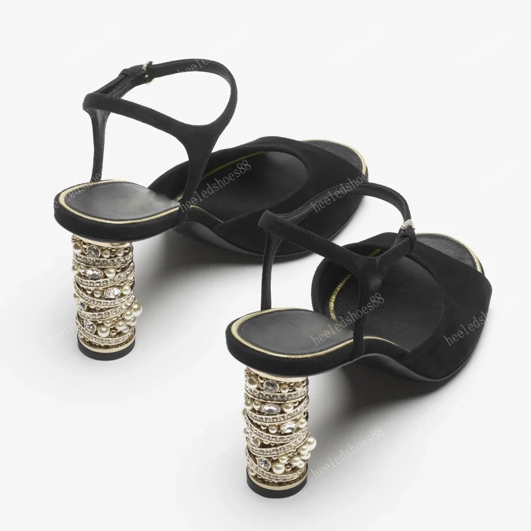 Pearl heel sandals Designers shoes for womens Luxury Fashion Chunky Heels slippers women Dress shoe 9CM High heeled top quality Front Rear Strap ladies sandal 35-41
