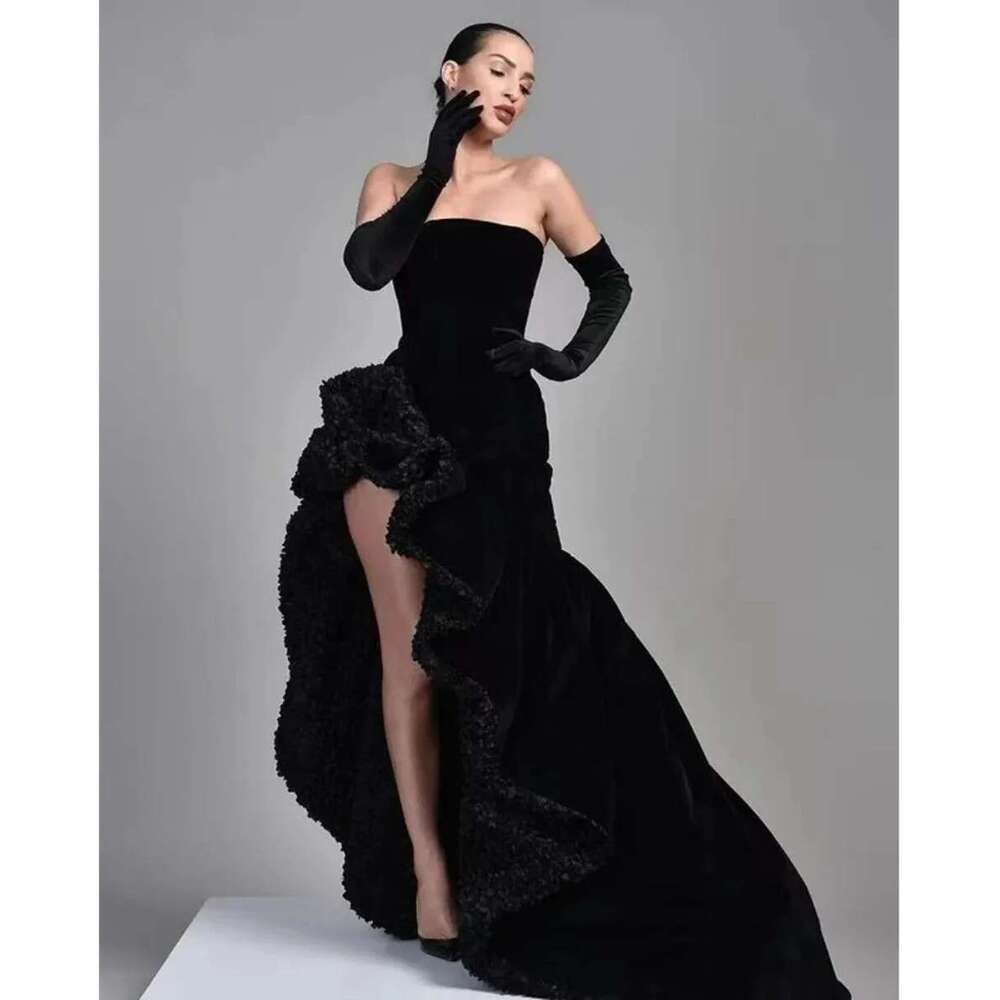 Black Velvet Sleeveless Evening Dresses Strapless Slit Side High Sexy Party Robes Special Banquet Dress