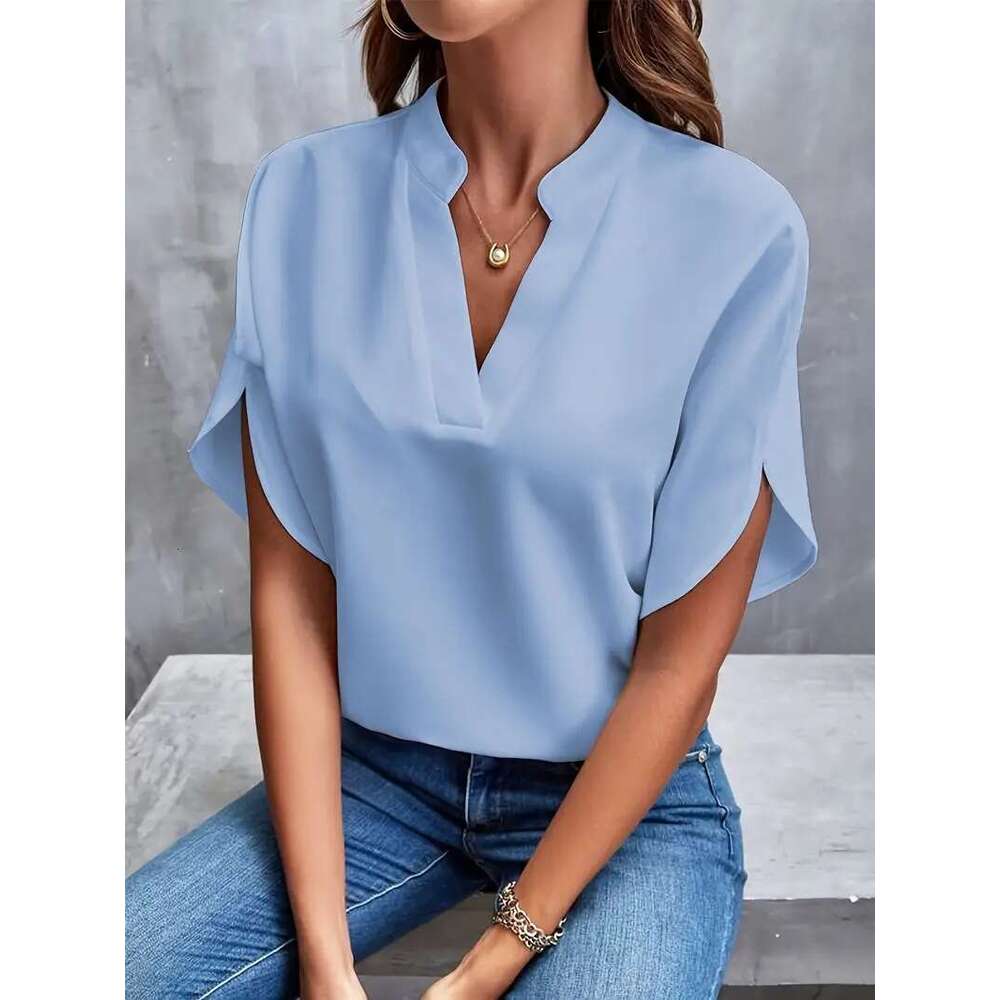 European And American Women's Summer Casual Solid Color V-Neck Loose Shirt Top For Women