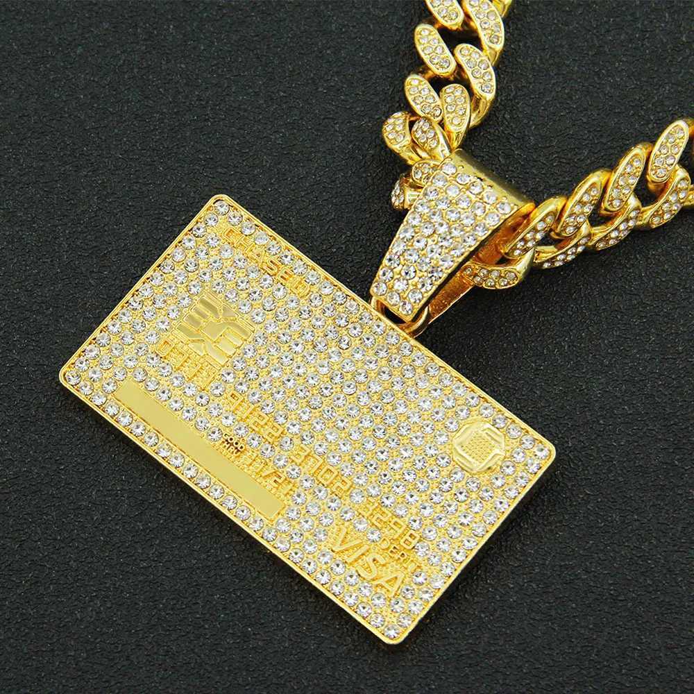 Mens Hip Hop Fl d Out Credit Card Pendant Necklace With 1m Width Cuban Chain Gold Color Necklaces Charm CZ Jewelry Gift X250224