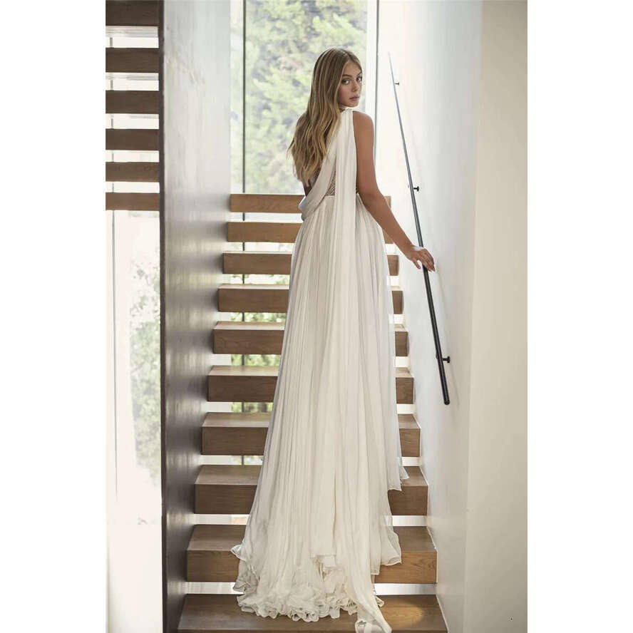 Chiffon Beach Wedding Dress One Shoulder Beading Boho Bride Sexy High Side Slit Bridal Gowns Custom Made Vestido De Noiva Mariage