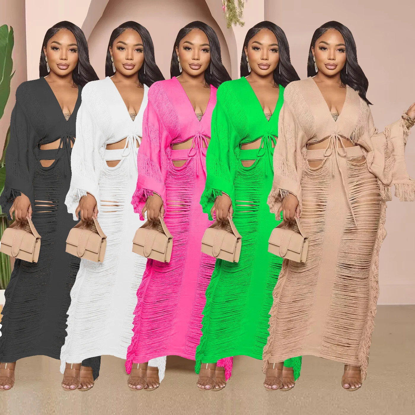 Crochet Two Piece Skirt Sets Knitted Dress Summer Women Clothes Sexy Elegant Knit Fringe Tassel Dress 2 Piece Set Outfit 250224