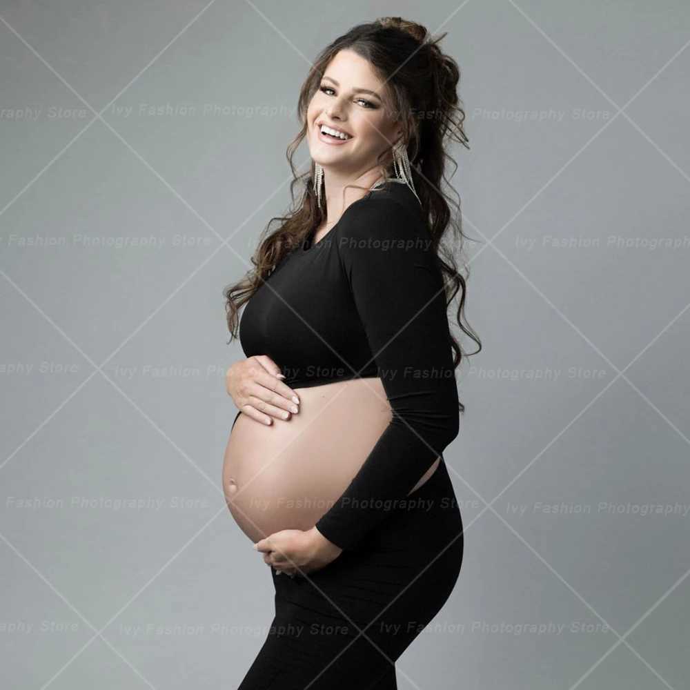 Maternity Photo Shooting Pregnancy Dress Elastic Fabric Slim Fit Exposed Belly Two Piece Set Photography Dress For Women X250224