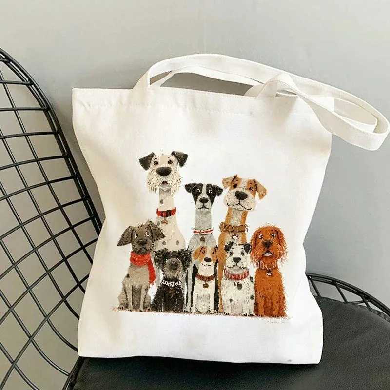 Cute Dogs Print Tote Bag Casual Cotton Canvas Shoulder Bags for Women Shopping Hand Wash Open Top Fixed Daily Accessory Decor Z250224