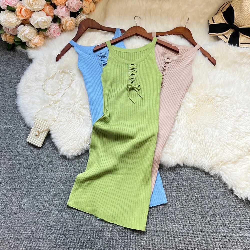 Yuooo Ins hot sexy bandage knitted mini dress summer ultra-thin elastic body womens streetwear sexy bag Hips VestitosXJ250224