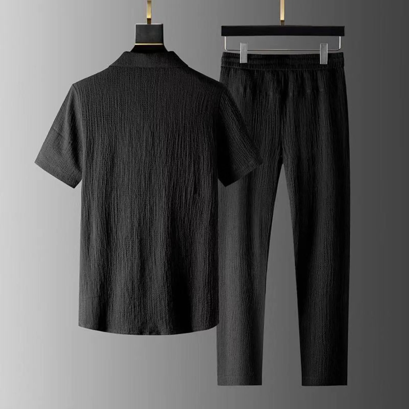 2PcsSet Men Top Pants Set Turn-down Collar Elastic Waistband Pleated Shirt Trousers Set Short Sleeve Drawstring Long Pants Set 250224