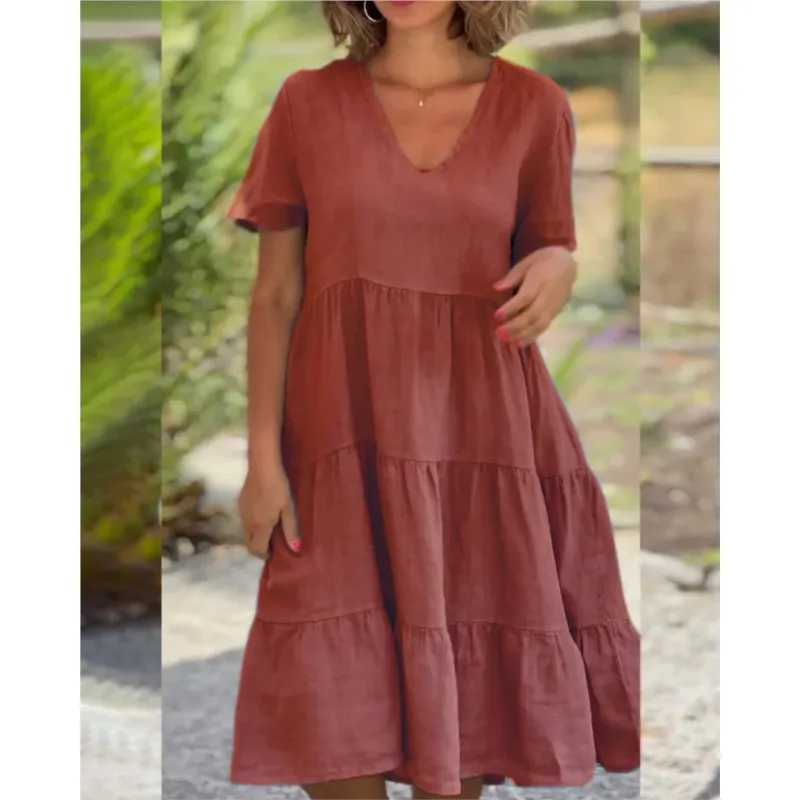 Loose Rose Red Pullover Mid-Length Dress 2024 Summer New Womens Fresh And Sweet V-neck Solid Color Large Swing Casual DressXJ250224