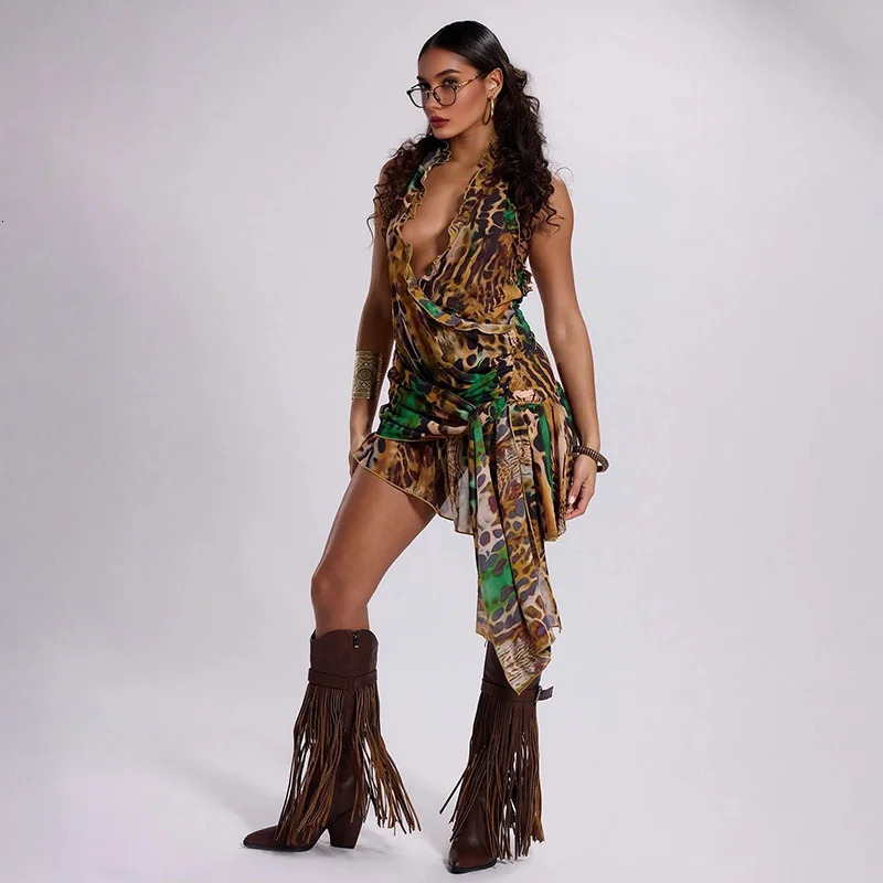 Leopard Print Deep V Neck Backless Mini Dress A Line Irregular Hem Sexy Vestidos 2025 Lady Y2k Streetwear Beach Dresses 250225