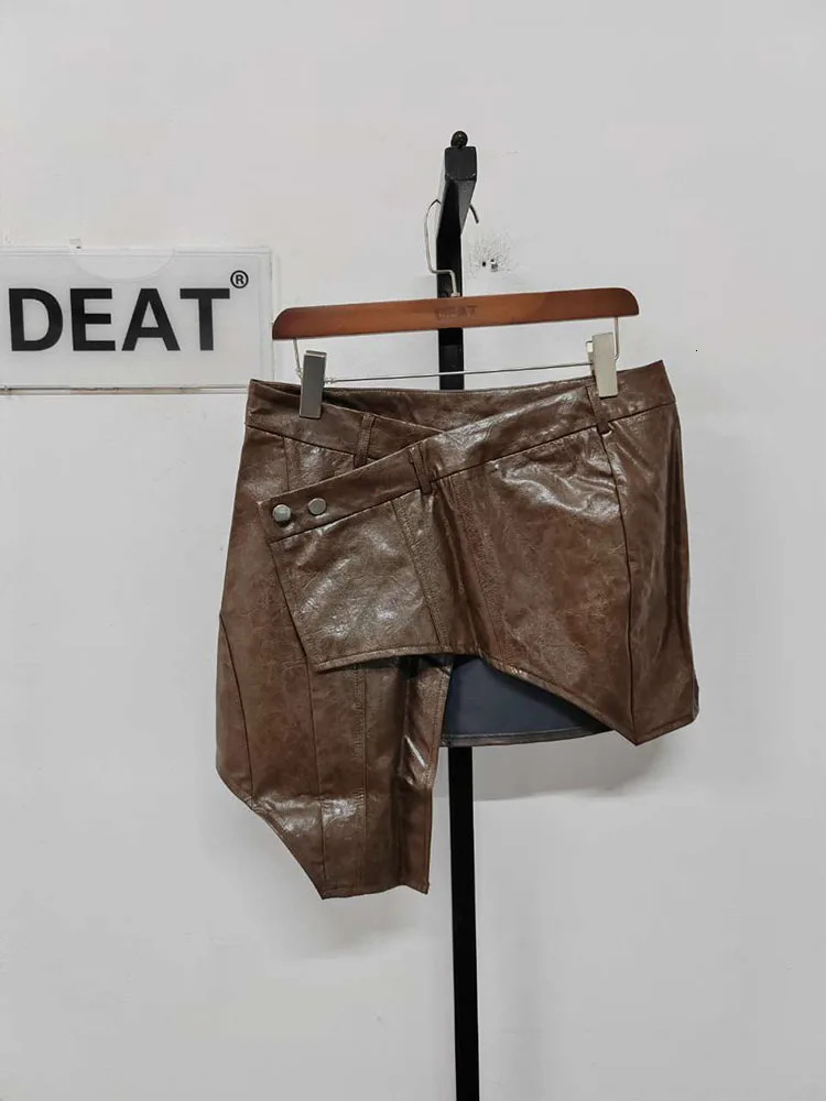 DEAT Fashion Womens PU Leather Half Skirt Asymmetrical Button Brown Low-waisted Hip Wrap Miniskirt Spring 2025 7AB2954 250122