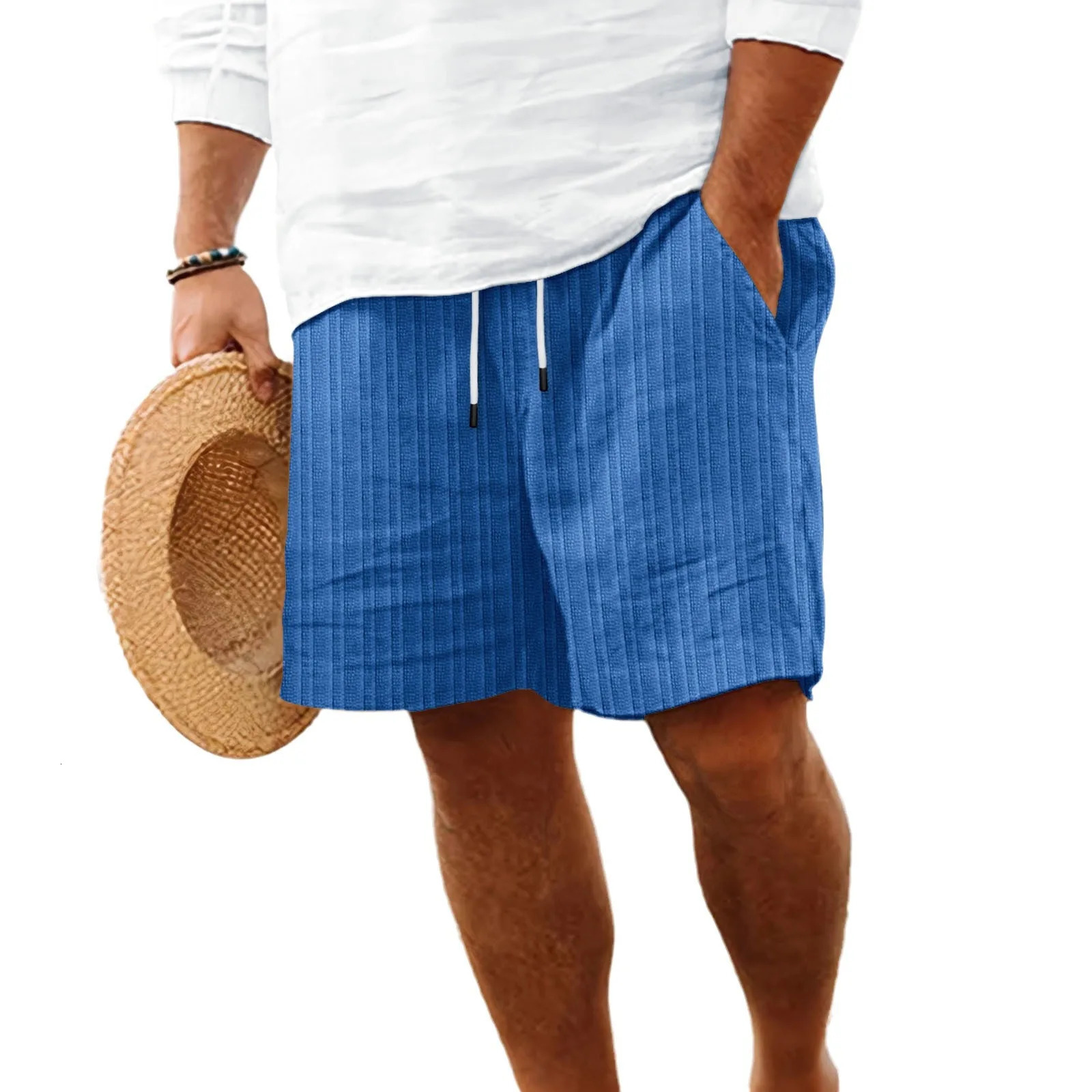 Mens Summer Shorts Cotton And Linen Comfortable Striped Multi-Pocket Casual Hawaiian Beach Shorts 250225