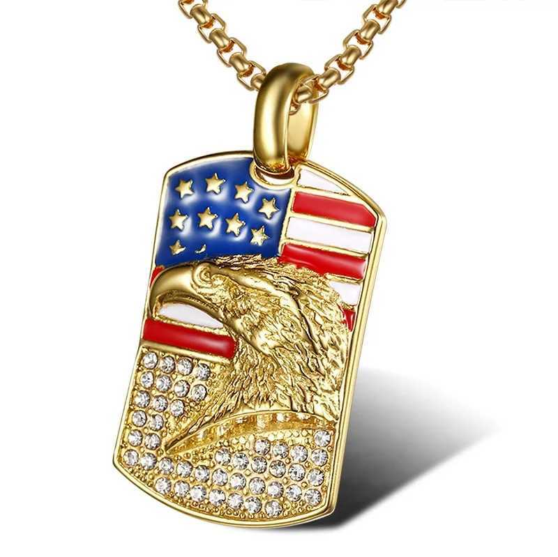 Hip Hop Bling d Out Gold Color Stainless Steel Flag Square Pendants Necklace for Men Rapper Jewelry Dog Tag X250224