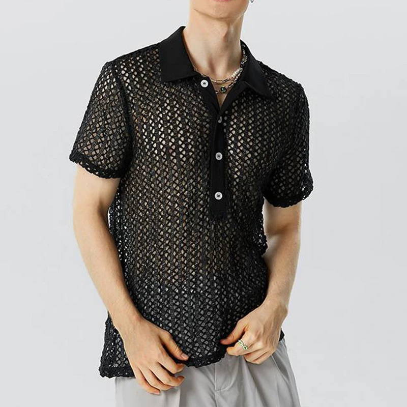 Summer Mens Knitted Hollow Shirt Flip Collar Short Sleeve Mesh Sexy Button Solid Color Street Clothing Party Knitted S-3XL 250222