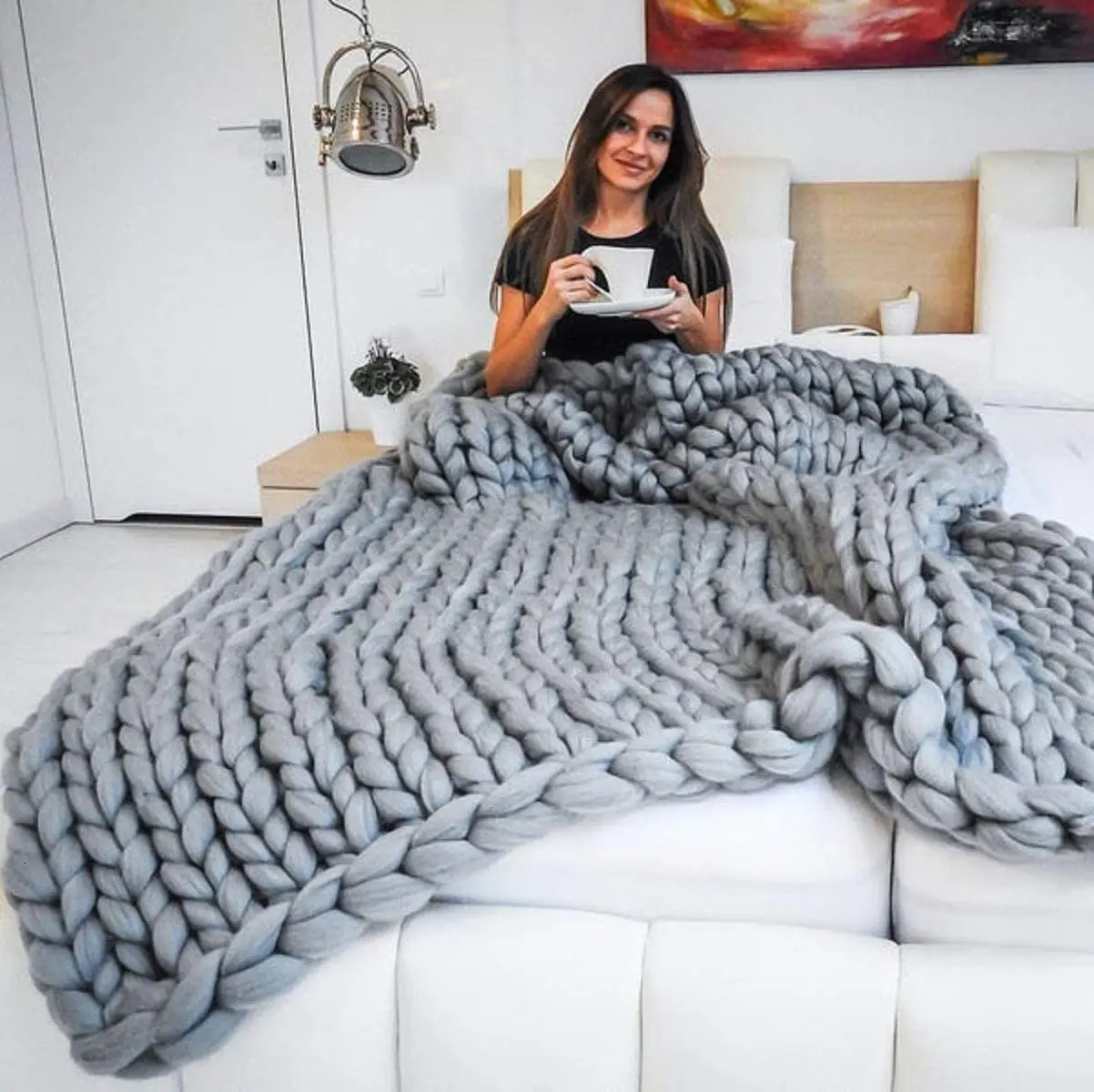Handmade Chunky Knit Blanket Large Thick Wool Bulky Knitting Throw for Bedroom Decor Pet Bed Chair Mat Rug Grey 250218 - view 7