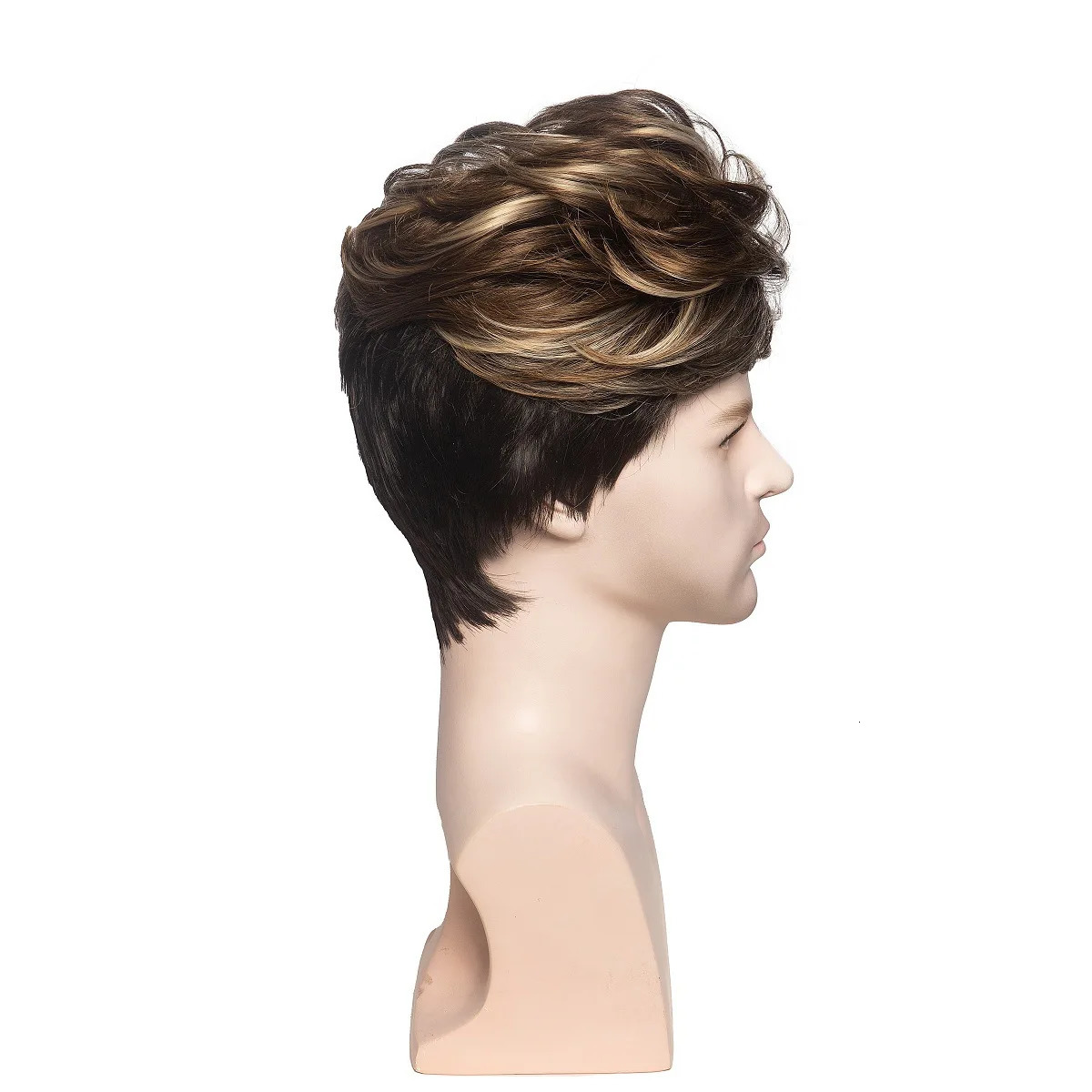 HANEROU Mens Short Synthetic Wig Wavy Curly Brown Black Ombre Pixie Cut Wig for Daily Cosplay Party Heat Resistant 250224