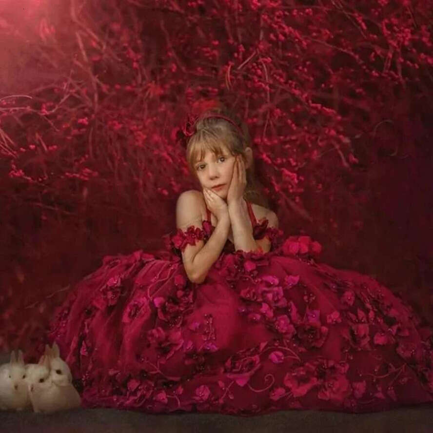 Red Dark Spaghetti Strap D Wer Girls Dresses Pearls Child Prom Party Gown Corset Back Kids Photography Dress
