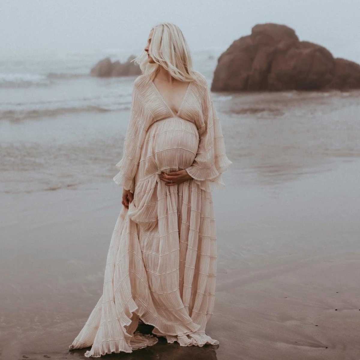 Pleated chiffon bohemian style maternity photography dress baby shower Maxi dress maternity photo prop dress X250224