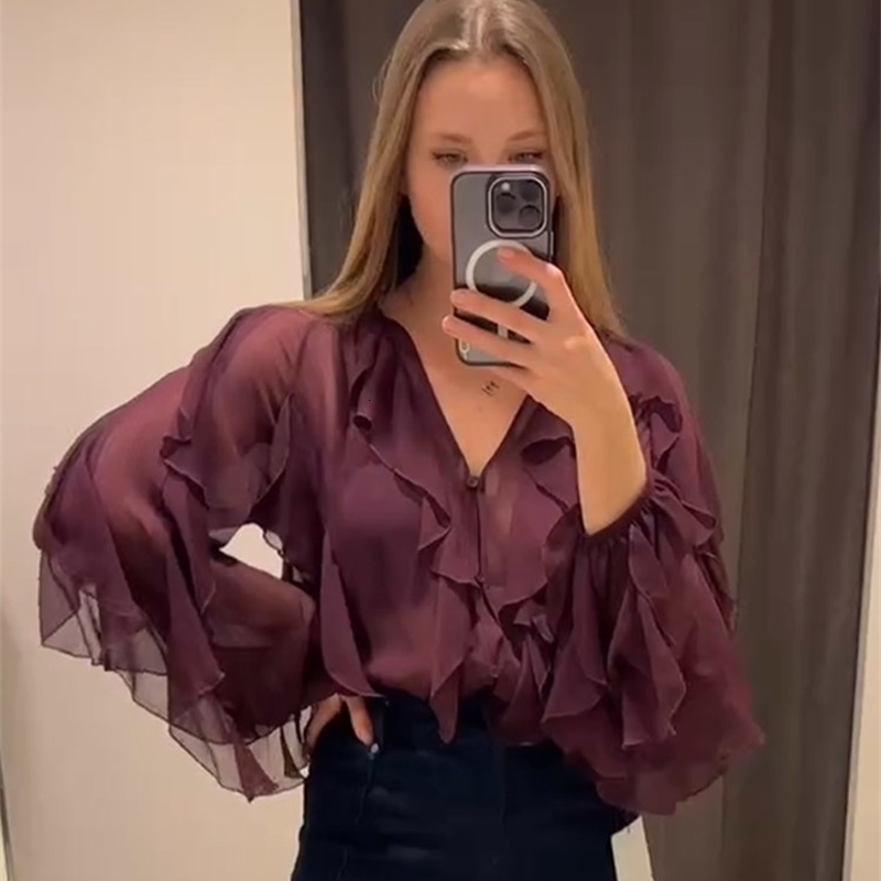 Retro Solid Ruffle Pleated Womens Midi Dress Chic Long Sleeved Vneck Vestidos Ladies Spring High Street Gown 250222