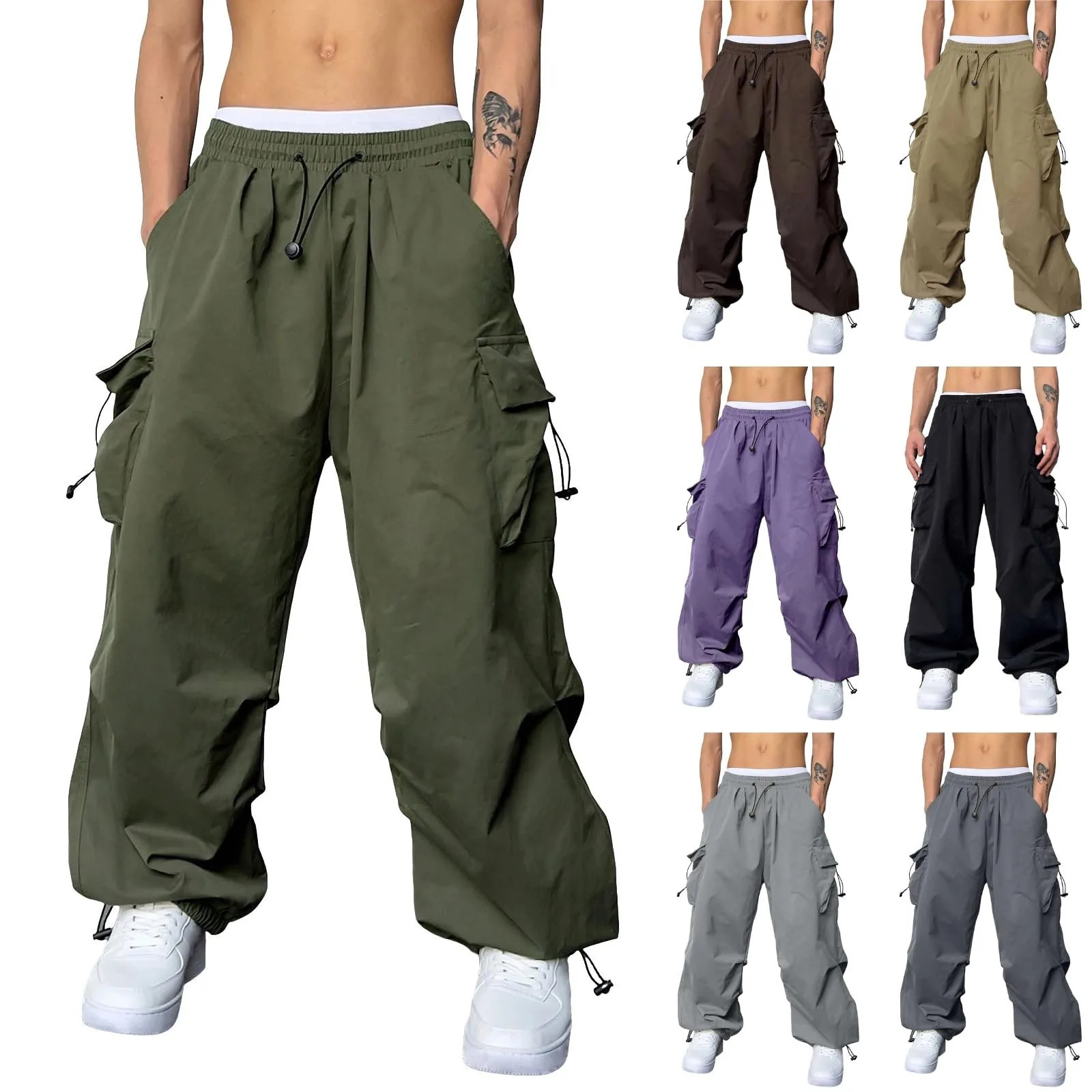 Cargo Pants For Men Baggy Long PantsMenS Parachute Cargo Pants Lightweight Pants Drawstring Loose Fit Hiking Casual Pants 250225