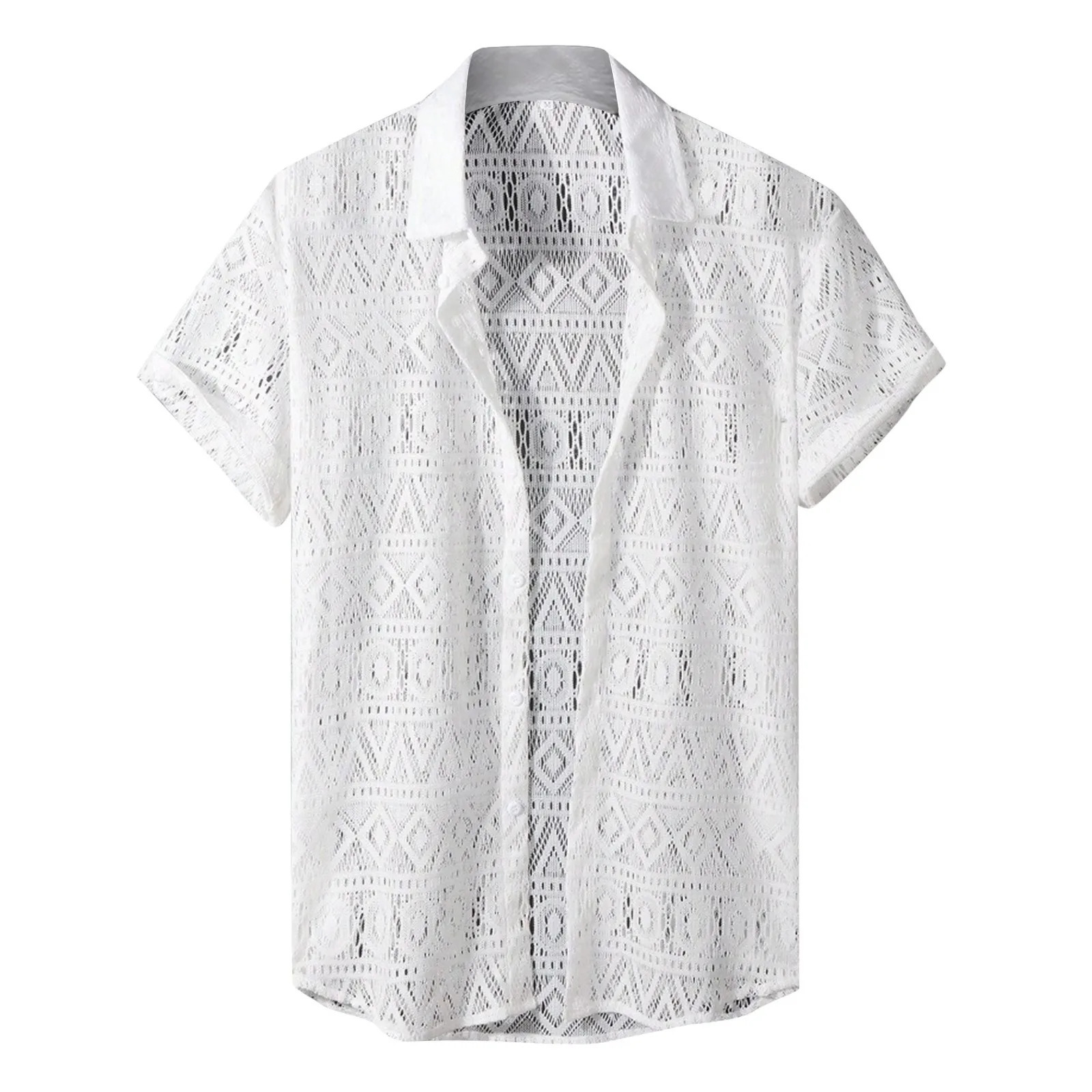 Crochet Party Beachwear For Man Summer See Through Shirts Mesh Lapel Night Club Clothing Short Sleeve Casual Festival Outfit 250222
