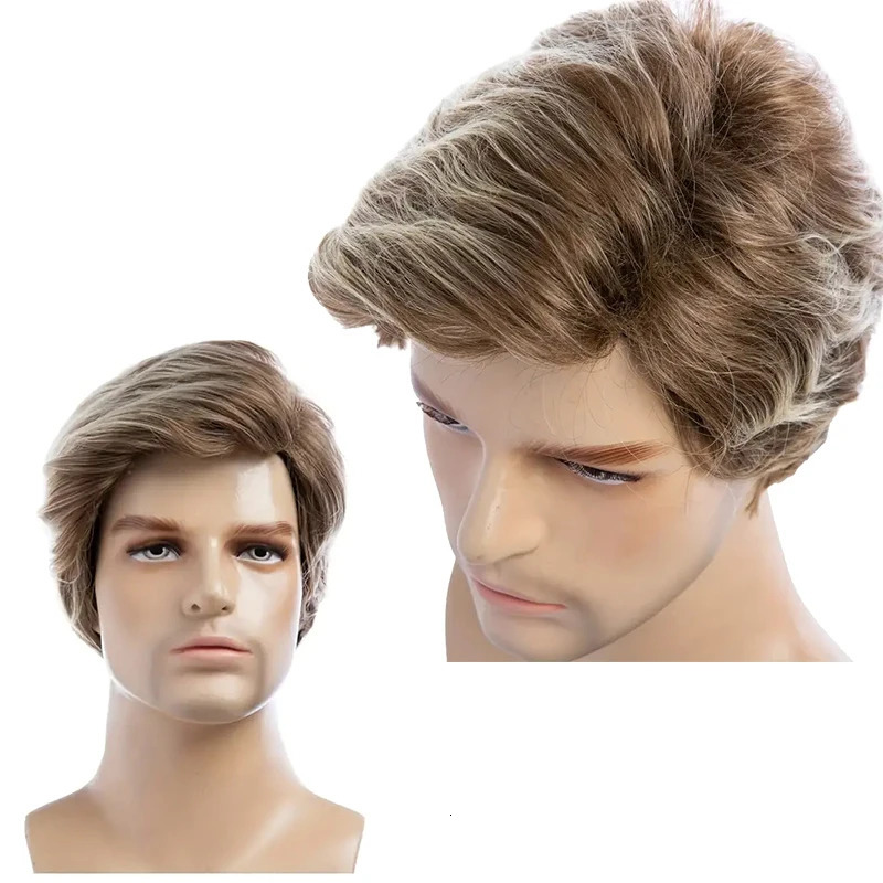 6 Inch Short Curly Synthetic Brown Wig Handsome Mens Heat Resistant Wig with Bangs for Daily Use 250224