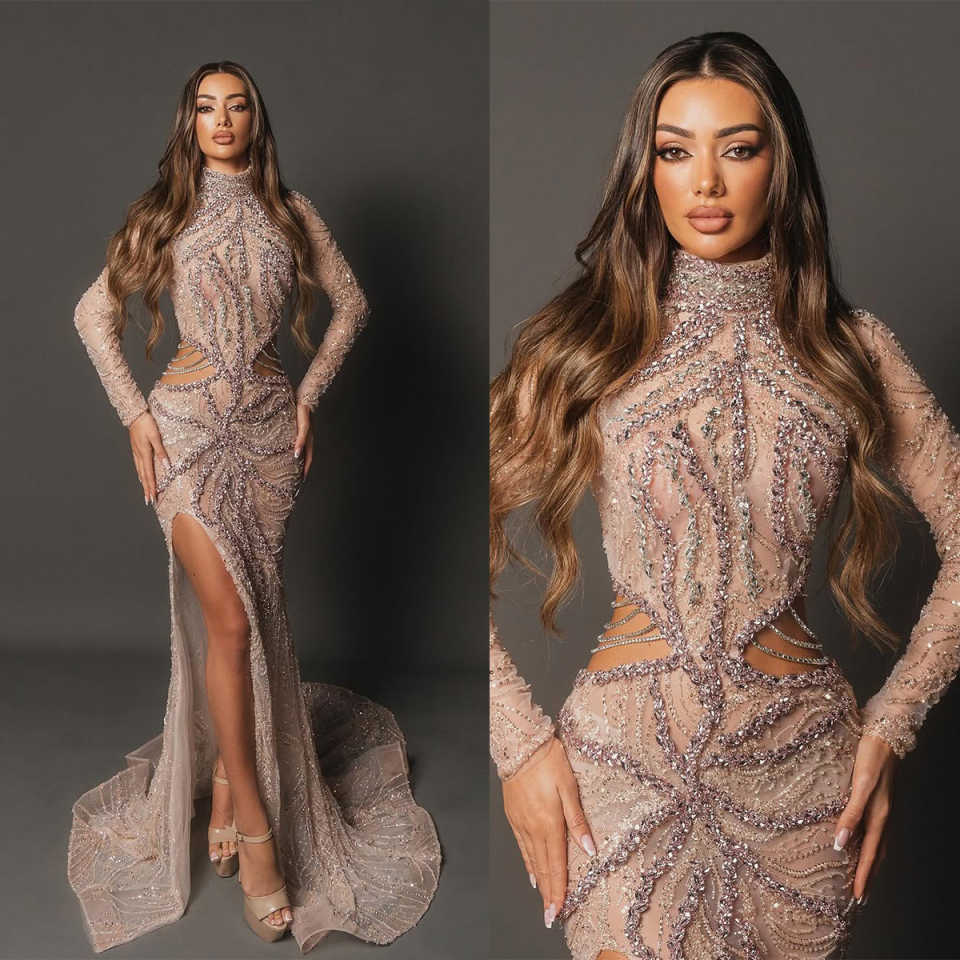 Glitter Long Sleeve Arabic Dubai Evening Dress Customized Fancy Crystals Beading Prom Dress Side Split Engagement Gowns