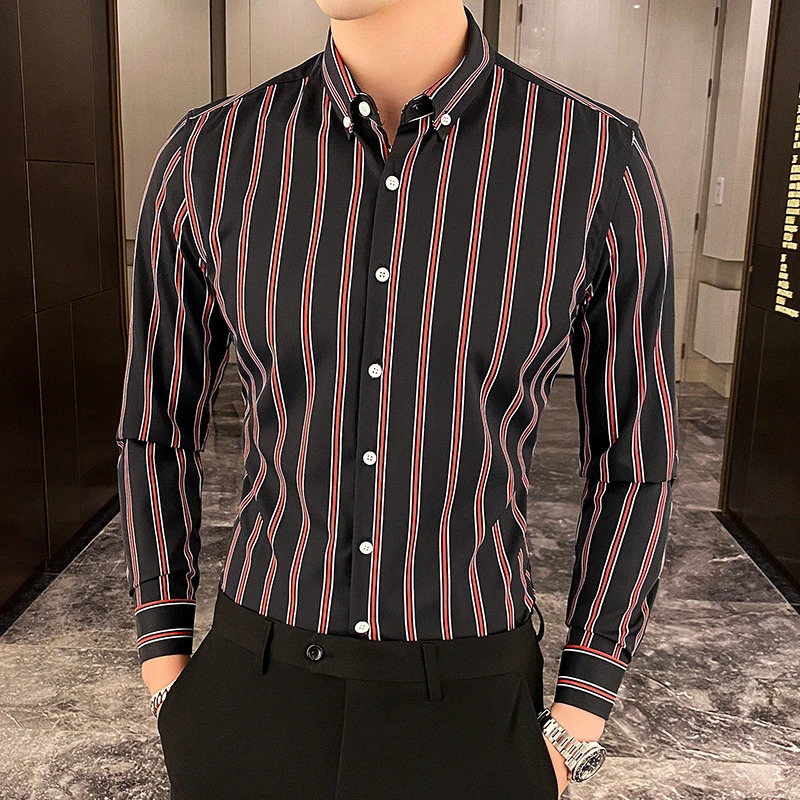 Mens Shirts Korean Clothing Long Sleeve Striped Social For Men Business Casual Formal Blouse Homme 5XLM 250222