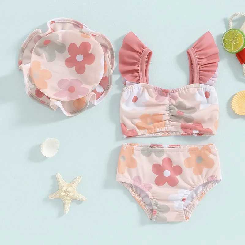 Toddler Baby Girls Summer Swimsuit Floral Print Fly Sleeve Tankini Tops Swim Shorts Swim Cap 3 Pieces Bathing Suit Beach Bikini X250224