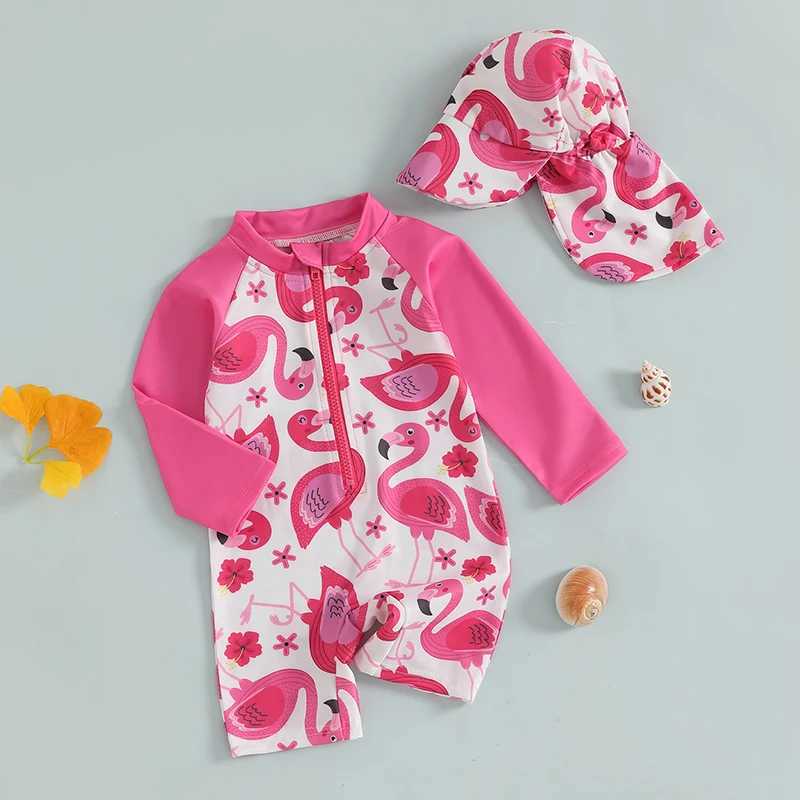 Baby swimsuit print ruffled sleeves zipper back Rush protective swimsuit Sunhat set X250224
