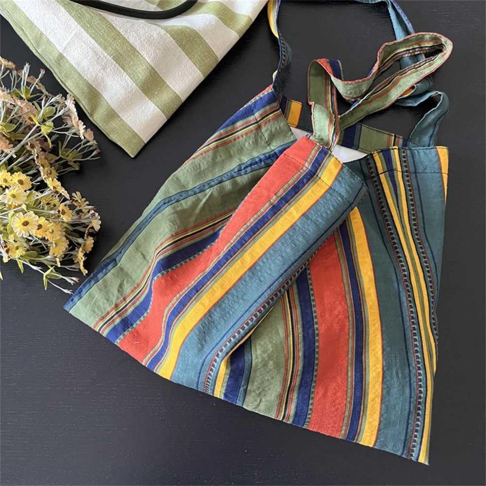 Womens Canvas Shoulder Bag Rainbow Striped Linen Shopping Bag Eco Large Capacity Handbag Tote for Girls Christmas Gifts Z250224