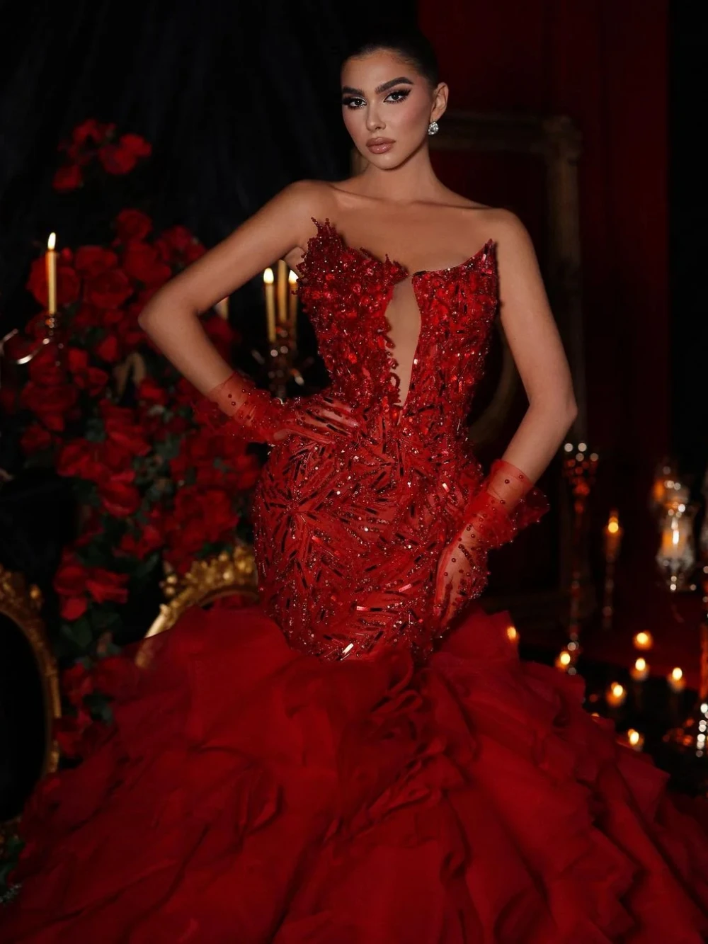 Gorgeous Mermaid Evening Dresses For Women Sweetheart Neck Sleeveless Gown Sequins Ruffles Customized Dress