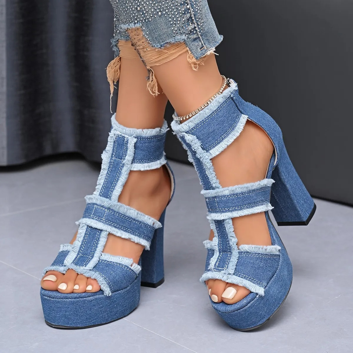 Summer Women Sandals Platform Blue Denim Ankle Strap High Heels Shoes for Women Fashion Outdoor Sexy Peep Toe Sandals Women 250218