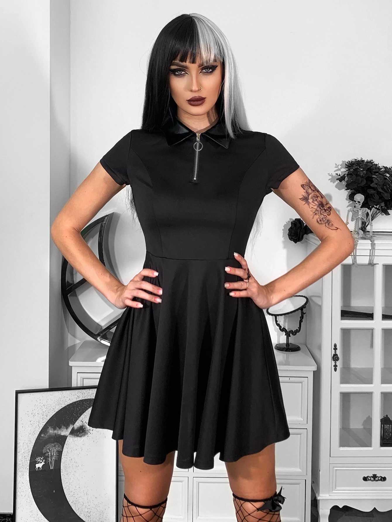 Womens Gothic Short Skirt 2024 Dark Design Suede Square Collar Sve Short Skirt New Solid Color Womens WearXJ250224