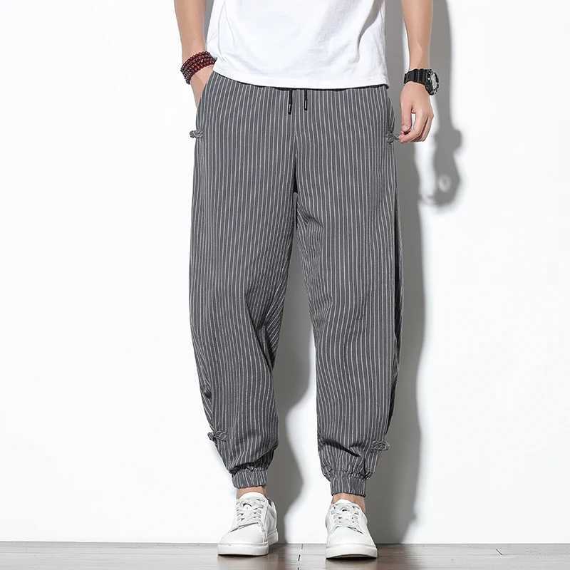 Spring and summer round buckle striped harem pants mens breathable cotton linen pencil pants buckle casual floral pants W250225