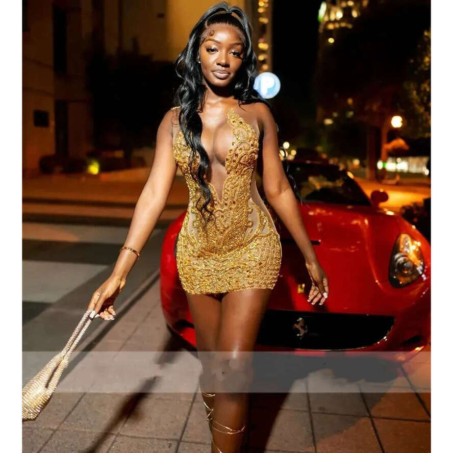 Sexy Golden Rhie Prom Dress 2025 For Black Girls See Thru Birthday Party Gowns Evening Formal Dresses Robe De Soriee Gala Customed