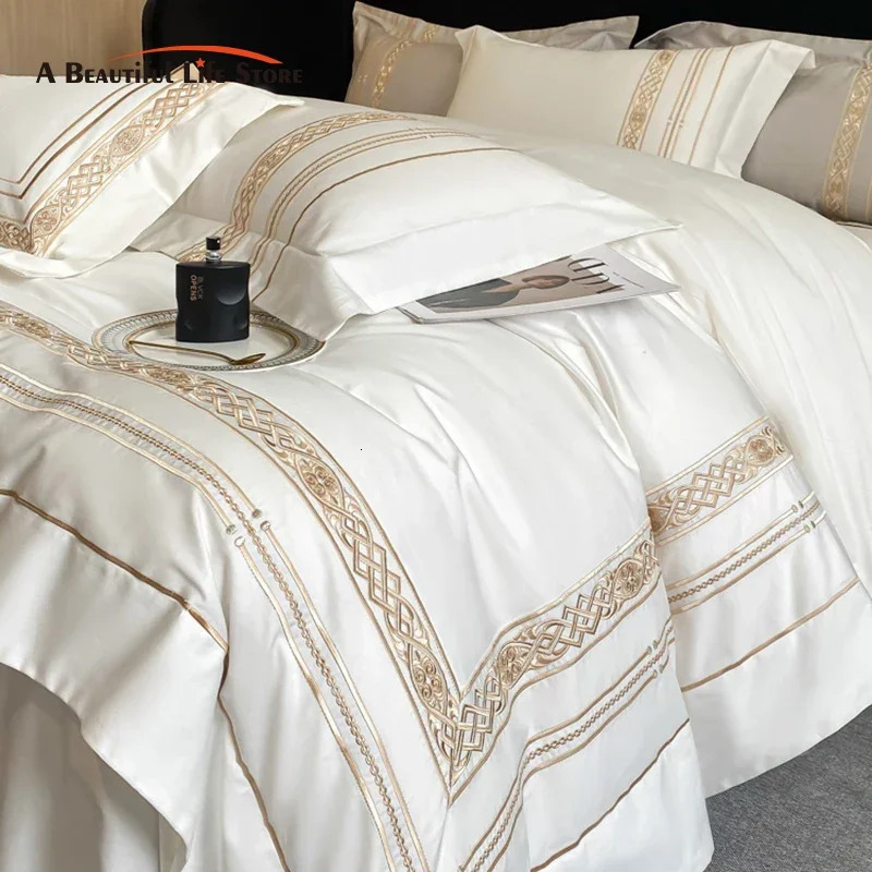 100% Egyptian cotton gold embroidery el style bedding white gray down duvet cover set bed sheet pillowcase 250222