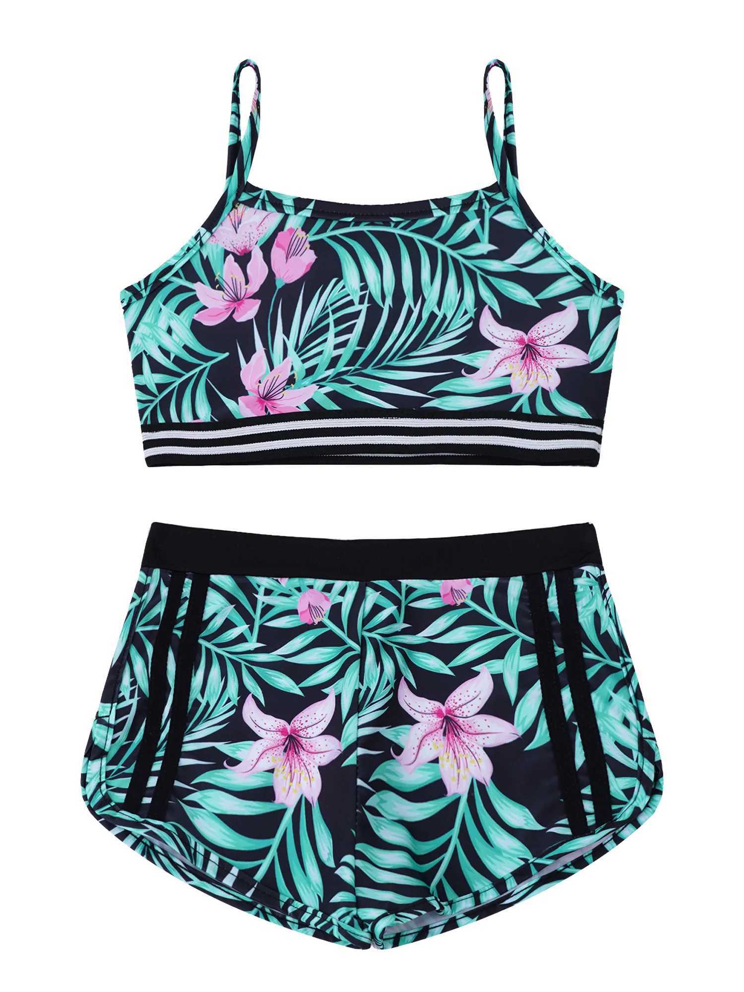 Children Girls Tankini Swimwear Spaghetti Straps Print Crop Top with Shorts Briefs Swimsuit Beach Pool Water Park Bathing Suit X250224
