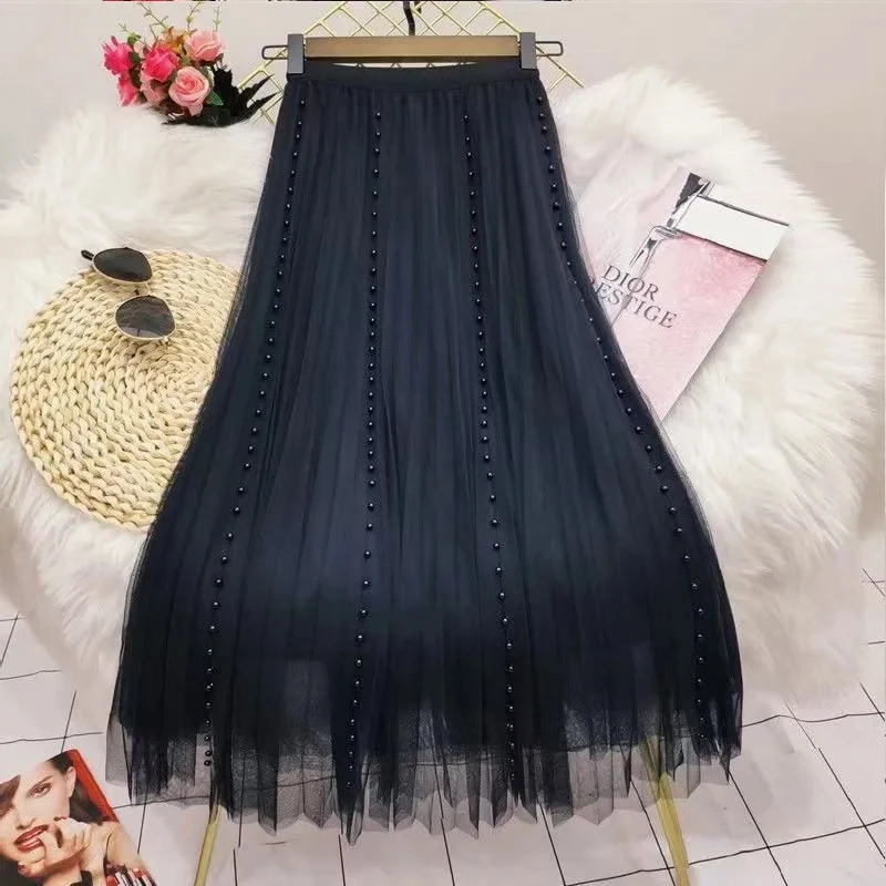 Long Skirt Korean Fashion Harajuku Kawaii Y2k Midi Maxi Tulle Skirt Summer Autumn Sttreetwear High Waist Vintage Black Skirt 250225
