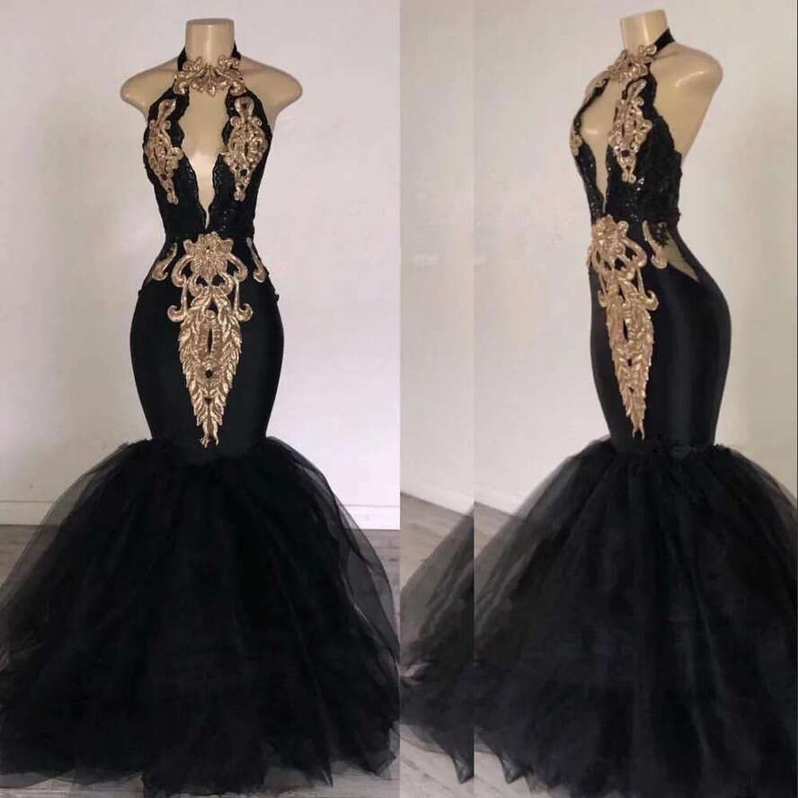 New Sexy Black Mermaid Prom Dresses Halter Keyhole Tulle Gold Lace Appliques Or Length Backless Formal Party Dress Evening Gowns Wear