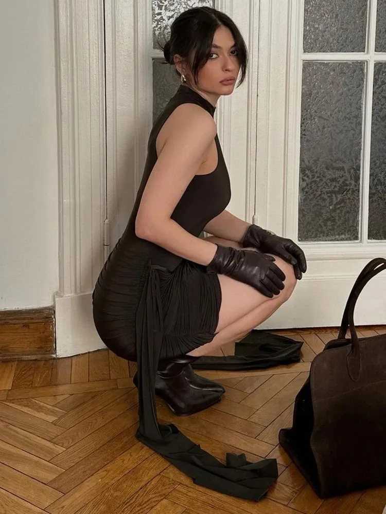 Turtleneck Sveless Sexy Mini Dress For Women Fashion Irregular Ruched Tank Dress Femme Ele Club Party DressXJ250224