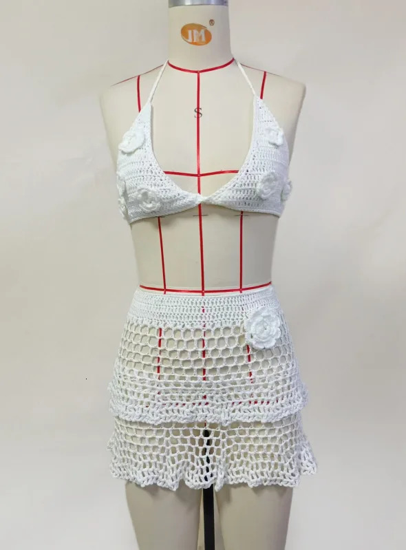 Sexy Knitted Hollow Out Bikini Skirt Sets Women 3d Flower Halter Vest Top Fold Short Skirts 2025 Summer Chic Beach Outfits Lady 250225
