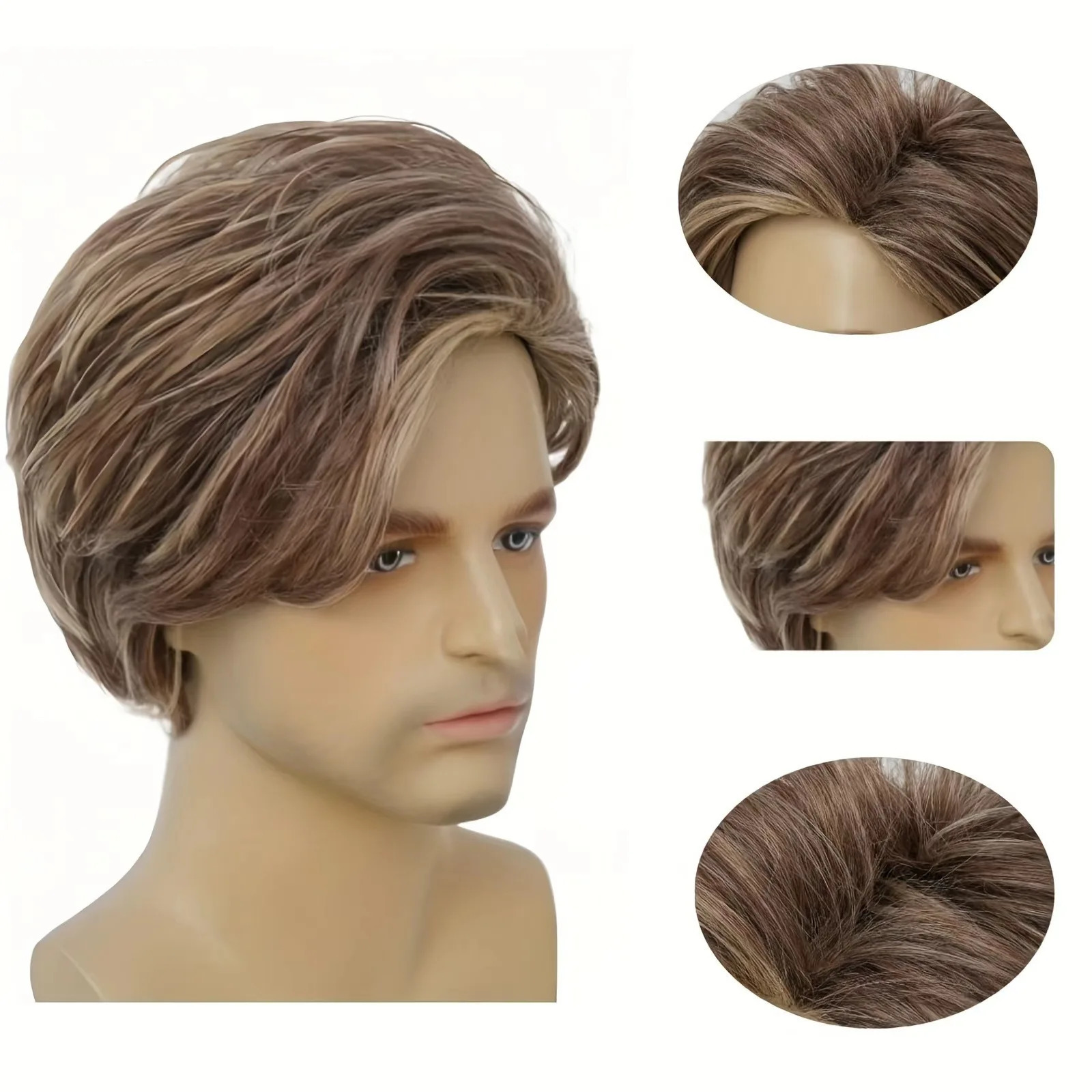 Synthetic wig gradient brown fluffy slant bangs short Wig for men 250224